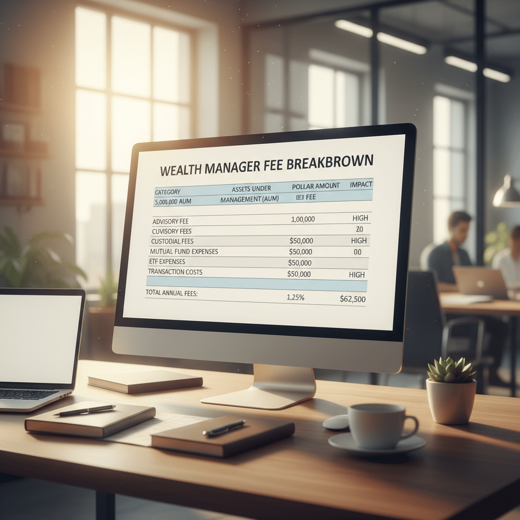 a detailed financial spreadsheet on a large monitor showing portfolio fee analysis with breakdowns by percentage and dollar amounts in a modern office setting — wealth manager fees