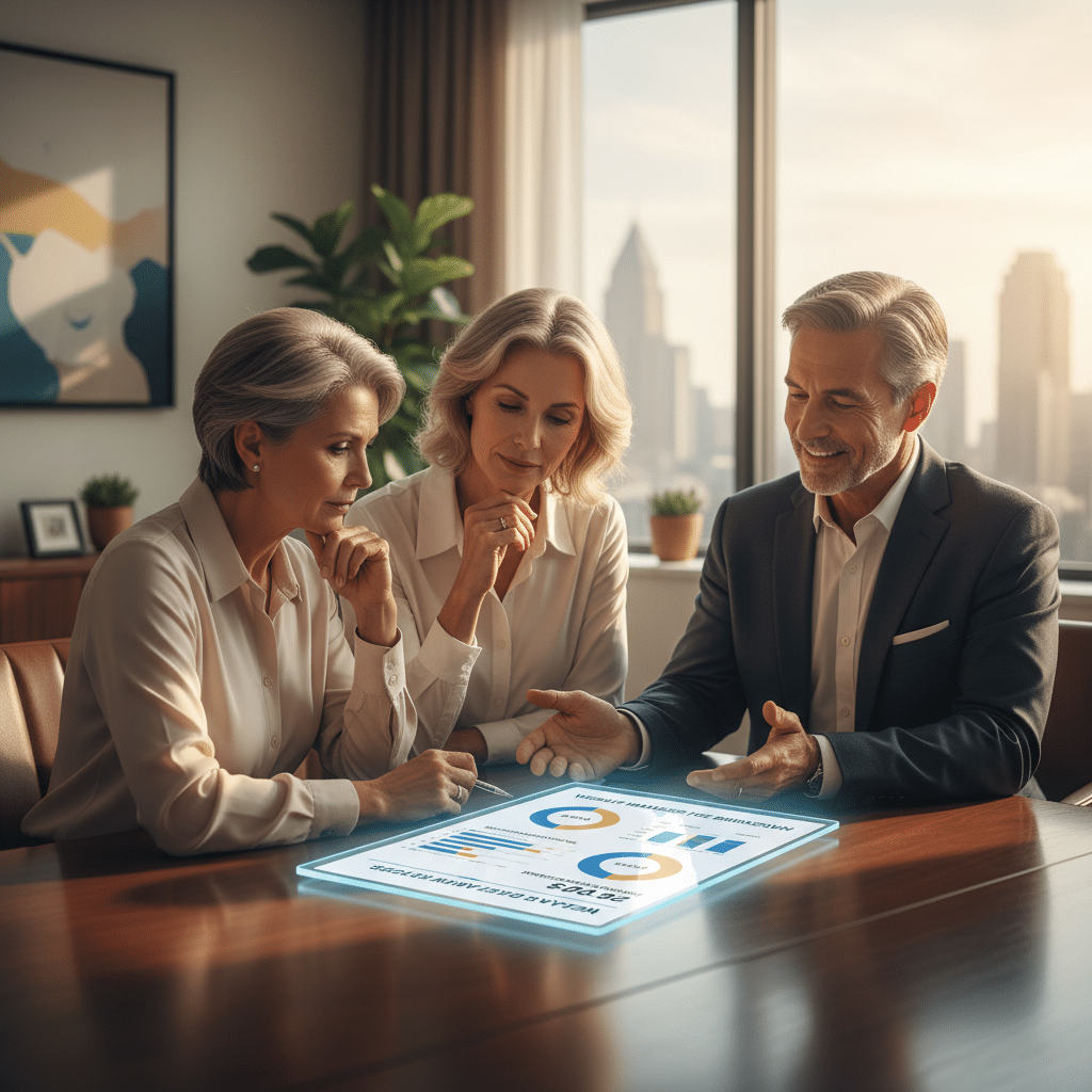 a professional couple in their 50s sitting across from a financial advisor at a conference table reviewing a transparent fee breakdown document with charts — wealth manager fees