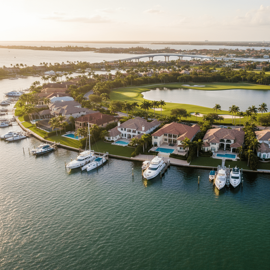 an aerial view of Stuart Florida waterfront with luxury homes and boats reflecting the affluent community served by local wealth managers — wealth manager fees