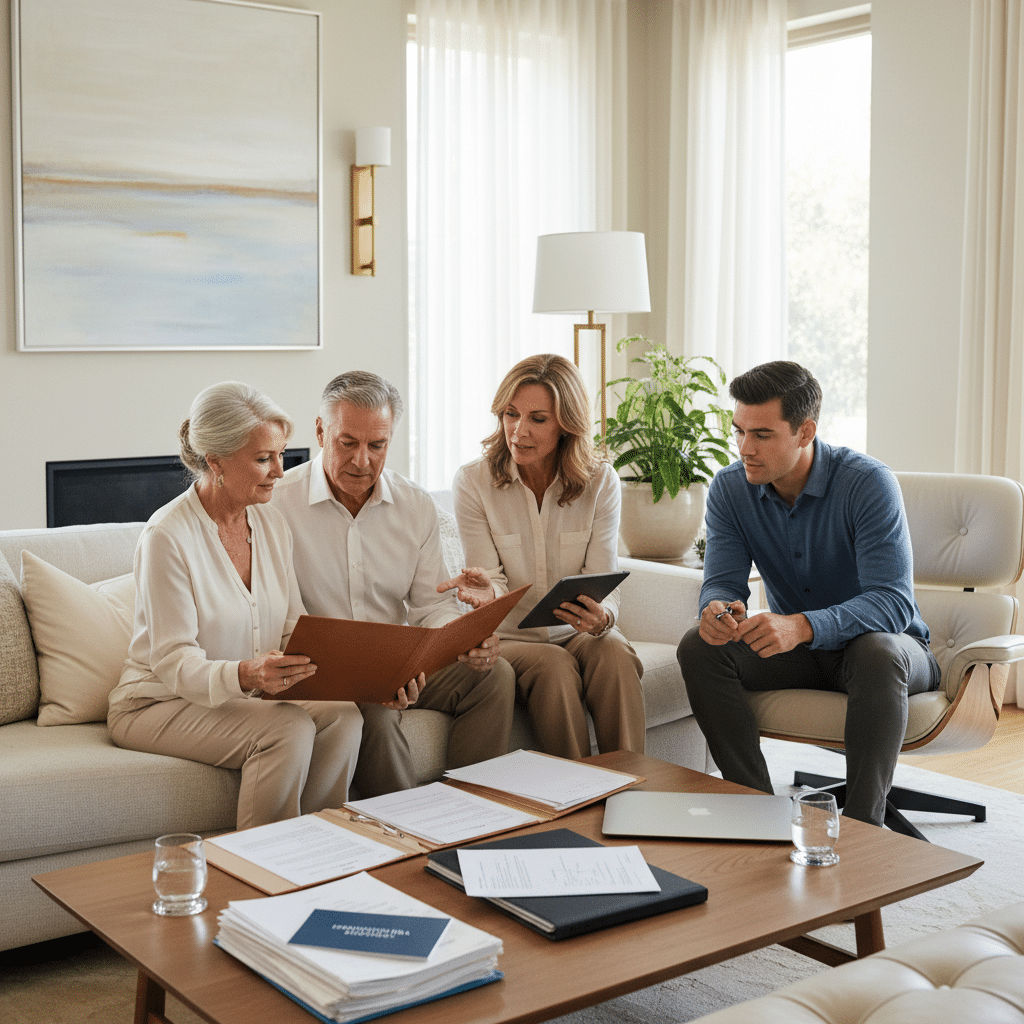 an affluent family of three generations sitting together in a modern living room discussing estate planning documents — inherited ira strategy