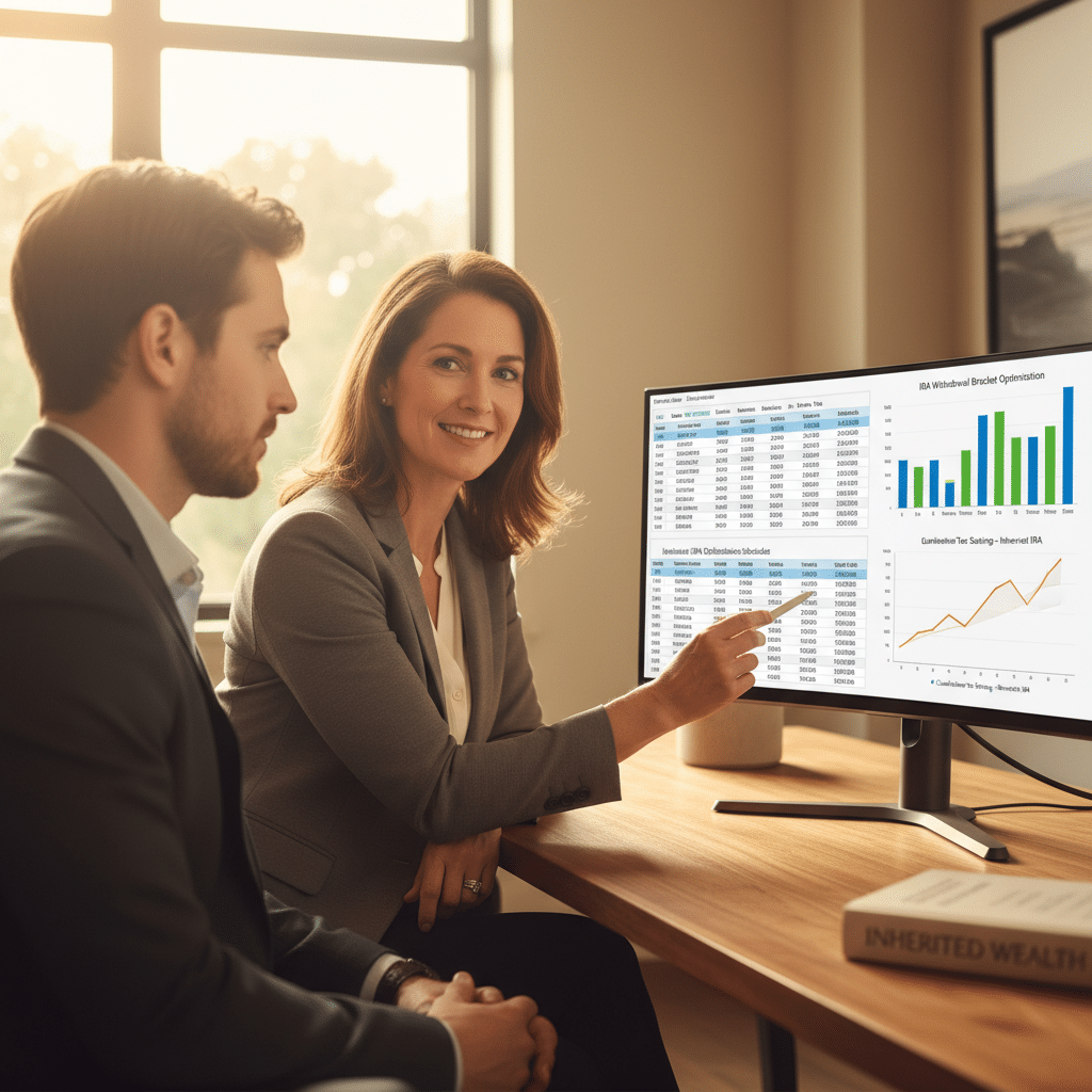 a financial advisor reviewing a multi-year tax projection spreadsheet on a large monitor with charts showing bracket optimization — inherited ira strategy