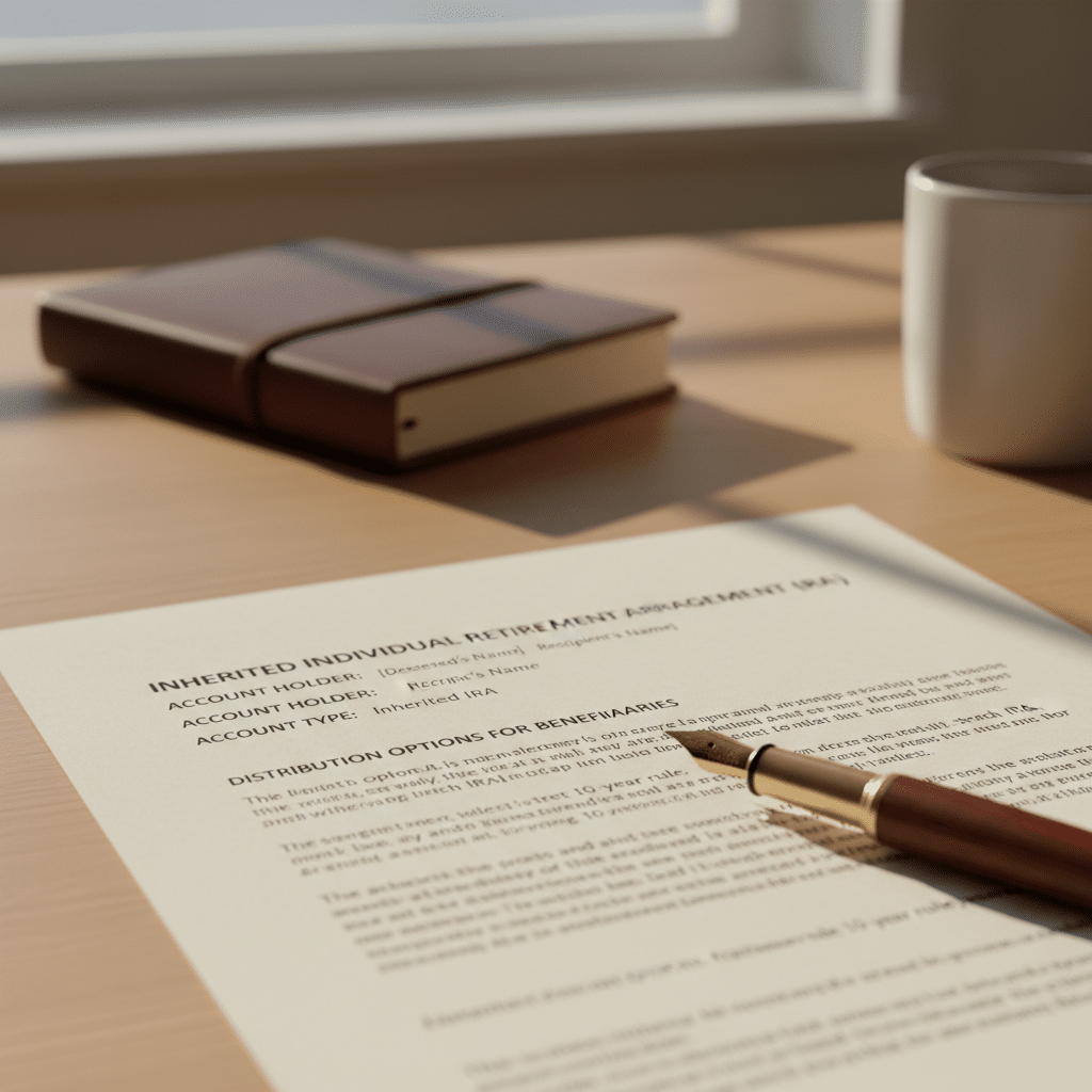 a close-up of an official financial document showing inherited IRA account titling with a pen resting beside it — inherited ira strategy