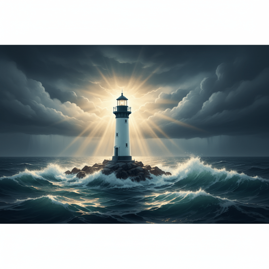 Smart investors navigating market volatility — lighthouse standing strong in stormy seas representing financial stability