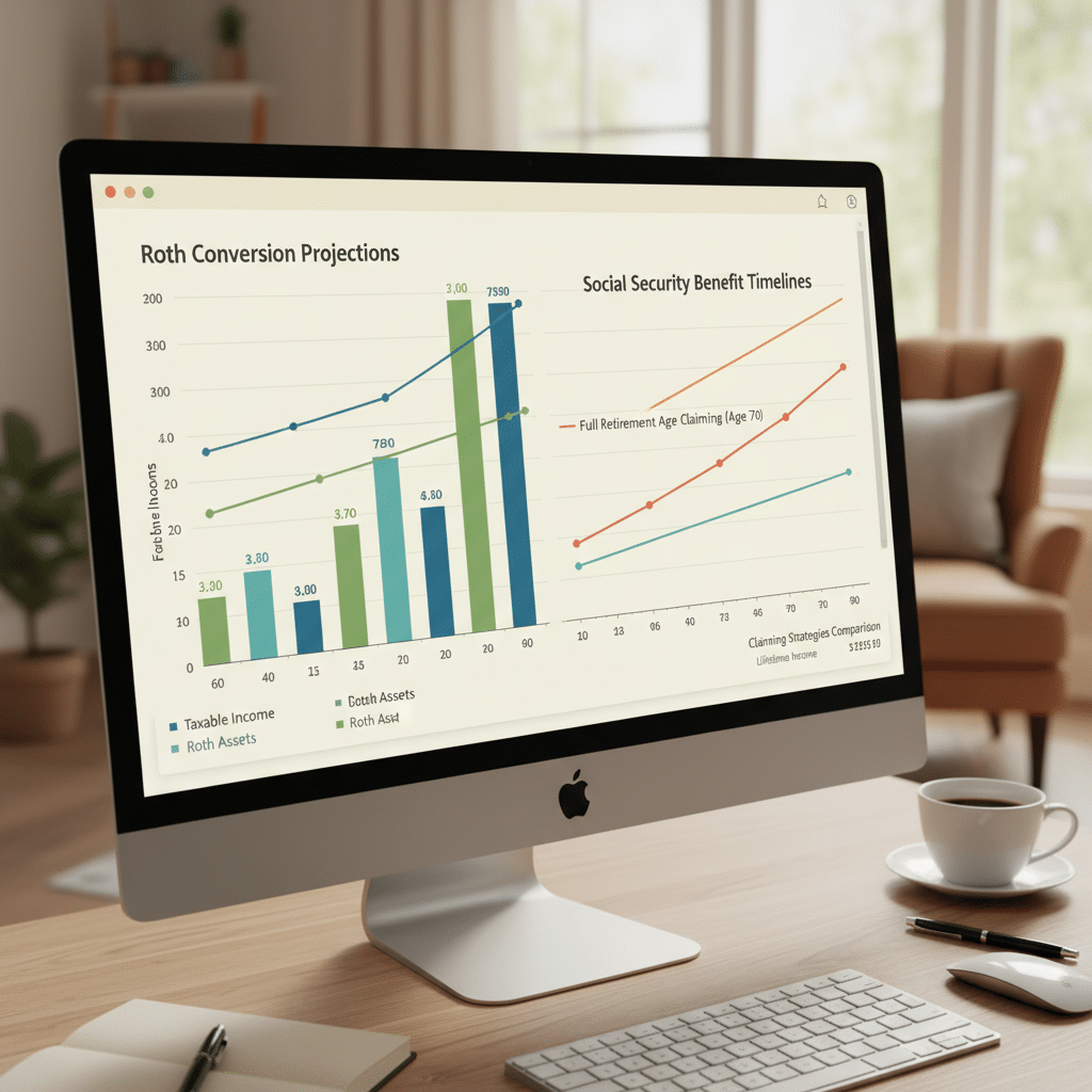 a detailed financial planning chart on a computer screen showing Roth conversion projections alongside Social Security benefit timelines — social security claiming