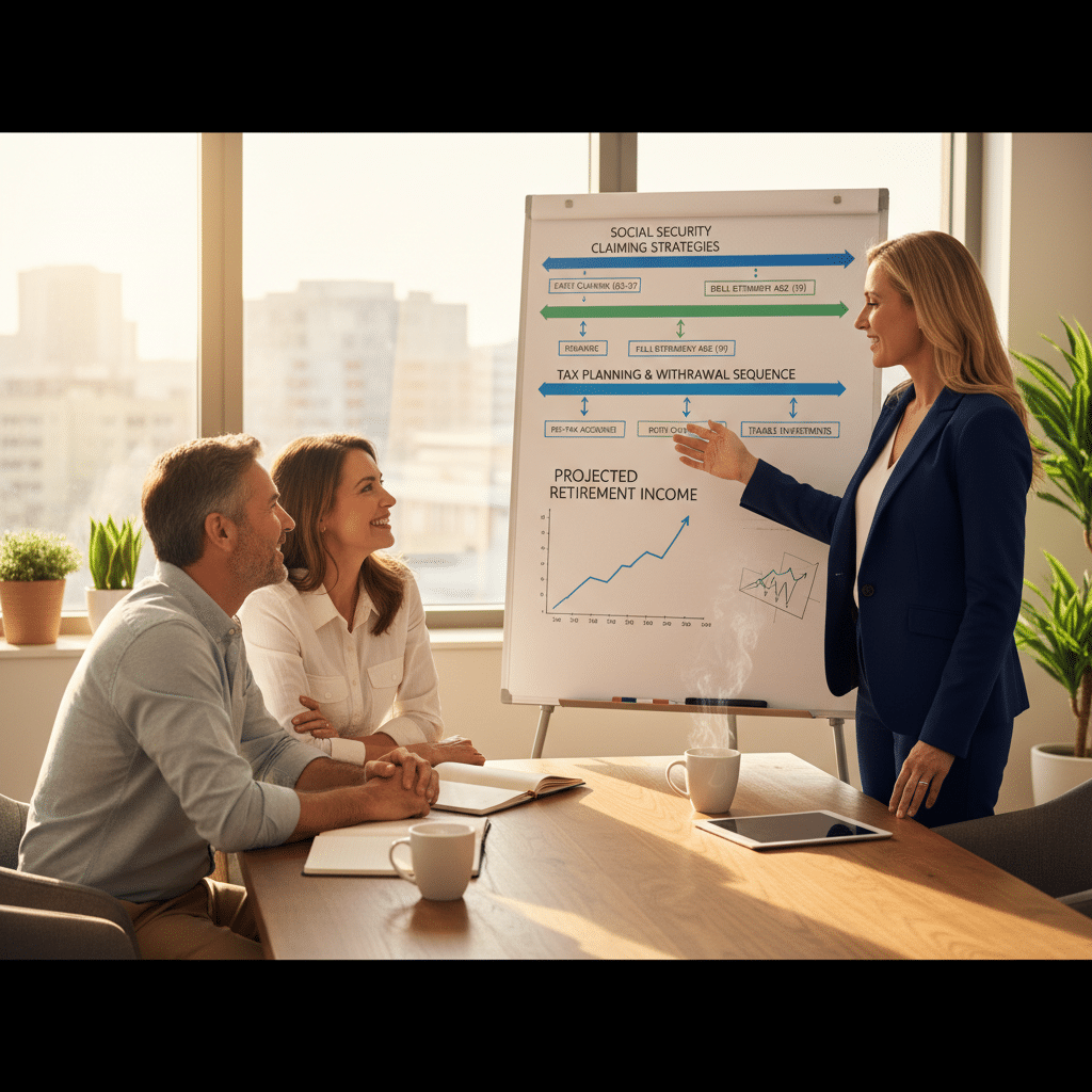a financial advisor presenting a multi-year retirement projection to a couple in a modern office with a whiteboard showing Social Security and tax planning timelines — social security claiming