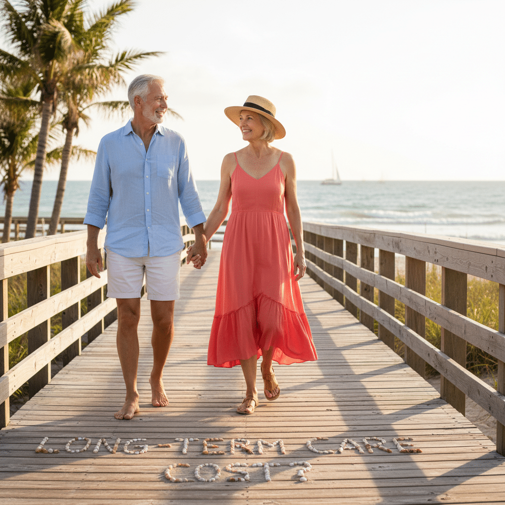 a senior couple walking on a sunny Florida beach boardwalk with the ocean in the background symbolizing retirement lifestyle — long-term care cost