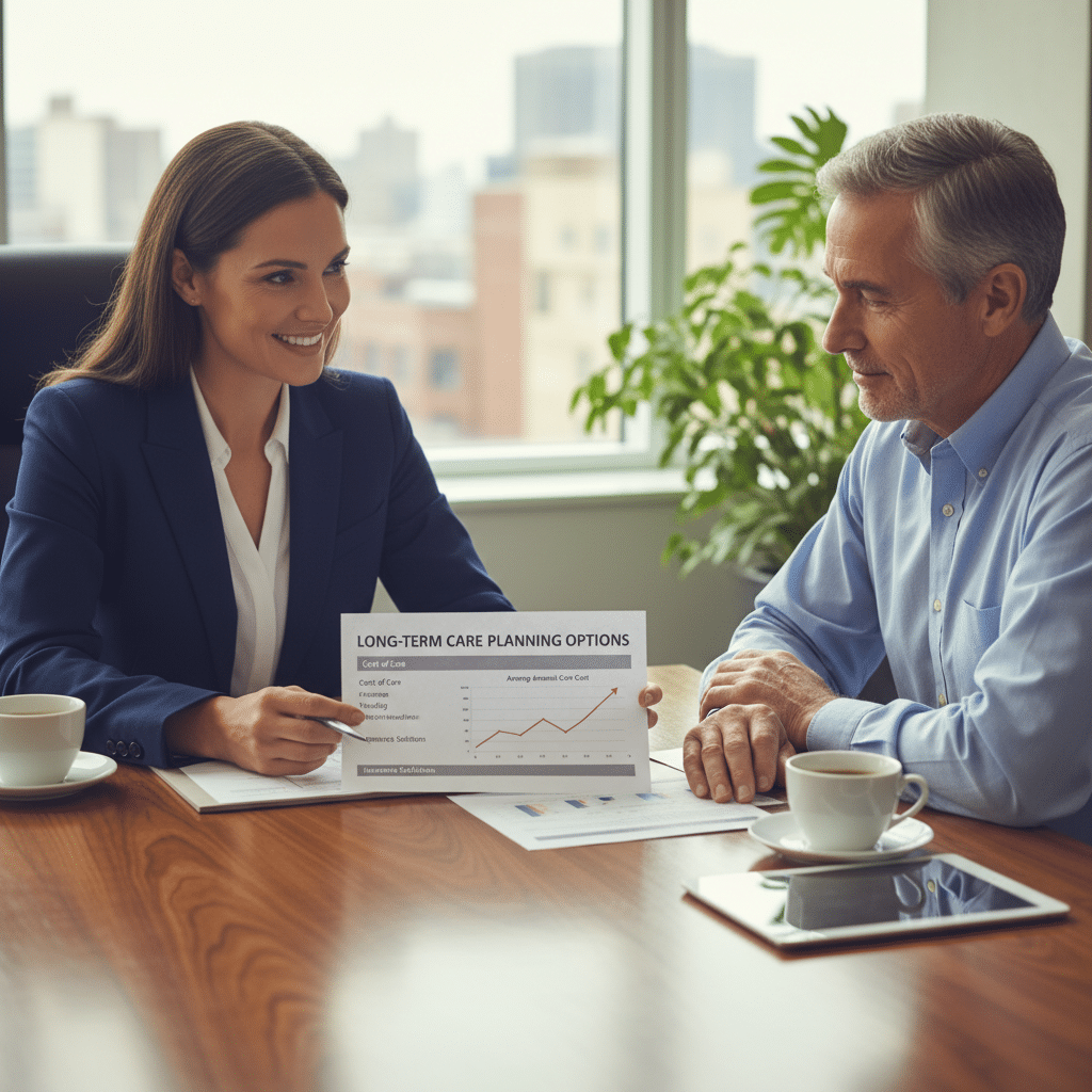 a financial advisor sitting across from a client in a modern office reviewing documents about long-term care planning options — long-term care cost