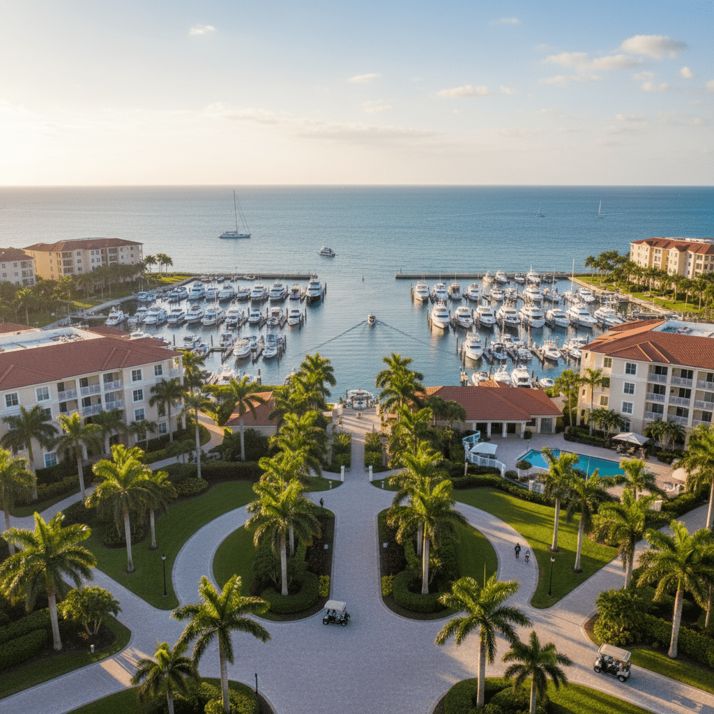 an aerial view of a Florida waterfront retirement community with palm trees and a marina representing affluent Florida retirement living — long-term care cost