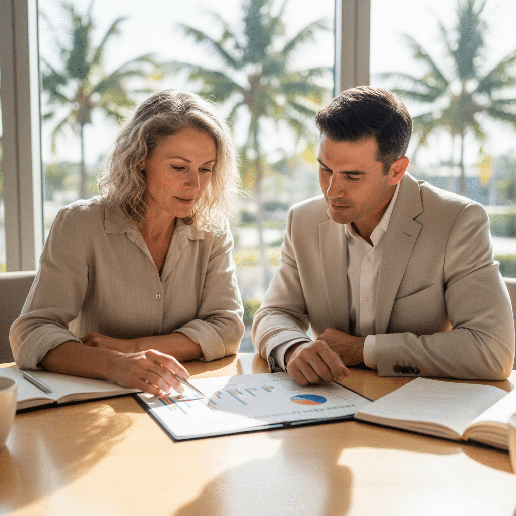 a Florida business owner sitting across the table from a financial advisor reviewing a document with charts showing before-tax and after-tax sale proceeds — business sale tax planning