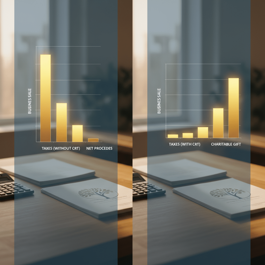 a split-screen comparison showing two scenarios side by side with bar charts illustrating tax burden with and without a charitable remainder trust on a five million dollar business sale — business sale tax planning