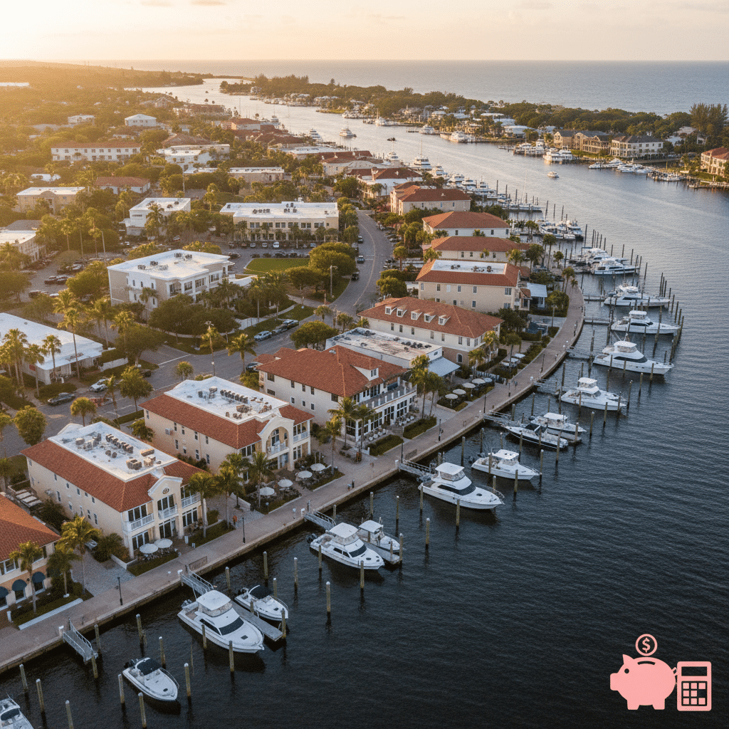 an aerial view of the Treasure Coast waterfront in Stuart Florida with boats in the marina and waterfront businesses symbolizing local entrepreneurship — business sale tax planning