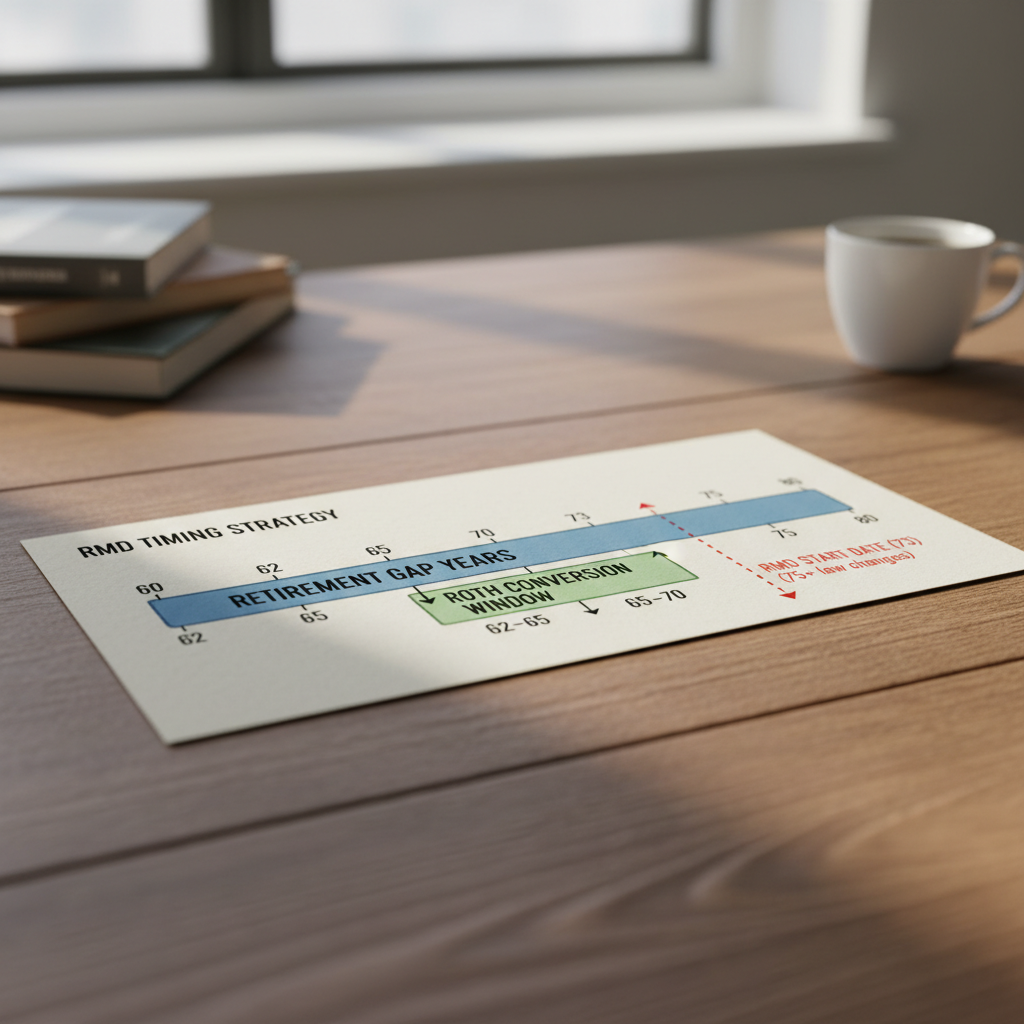 a timeline graphic showing the retirement gap years between age 62 and 73 with labeled Roth conversion windows and RMD start dates — rmd timing strategy