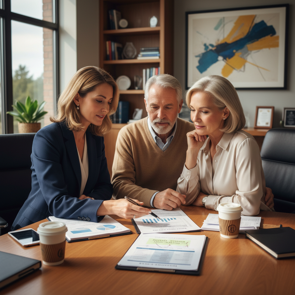 a financial advisor sitting at a conference table with a high-net-worth couple reviewing printed tax projections and retirement distribution schedules — rmd timing strategy