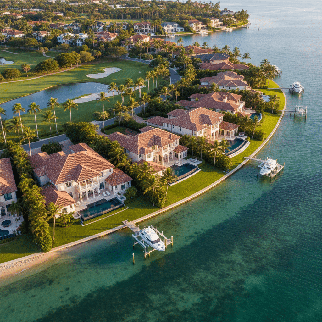 an aerial view of waterfront luxury homes along the Treasure Coast of Florida with blue water and palm trees — homestead exemption