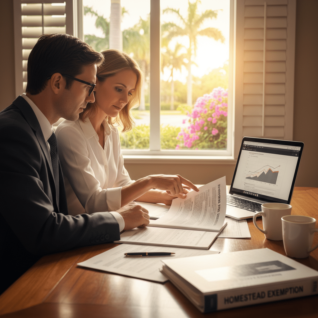 a professional couple sitting at a desk reviewing property documents and a laptop with a sunny Florida window behind them — homestead exemption