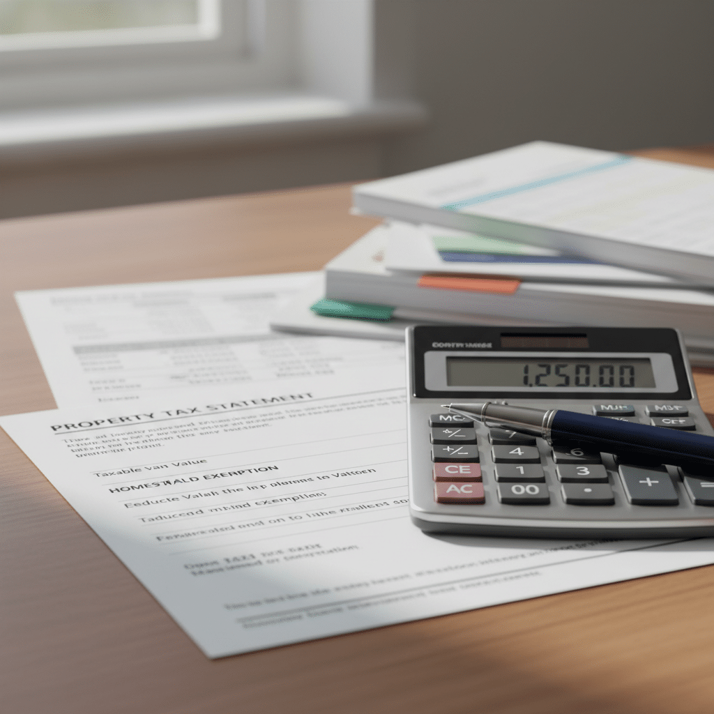 a close-up of a property tax bill on a desk next to a calculator and a pen with financial documents in the background — homestead exemption