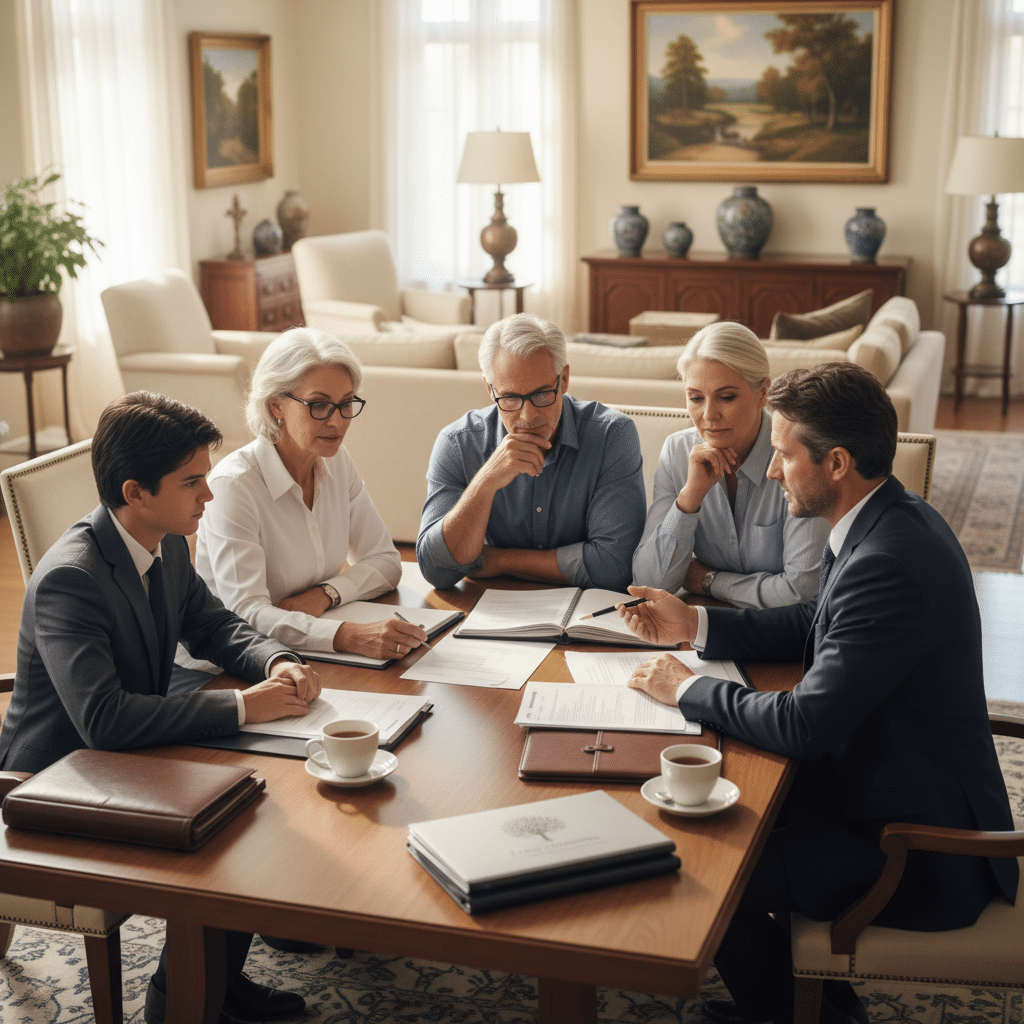 a high-net-worth family of three generations sitting together in a sunlit living room reviewing estate documents with a financial advisor — life insurance estate planning