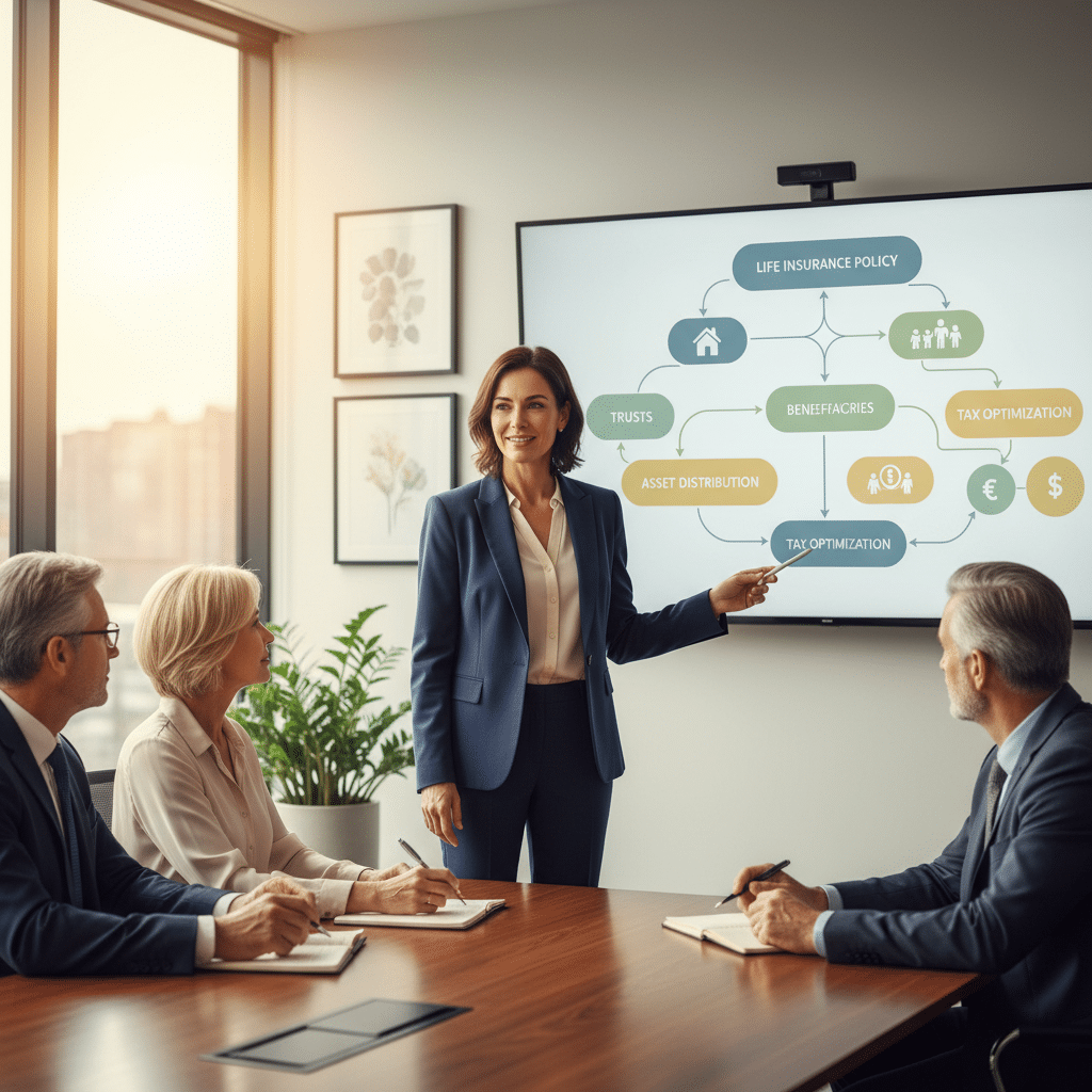 a financial advisor presenting a detailed estate planning flowchart on a large screen in a modern office conference room — life insurance estate planning