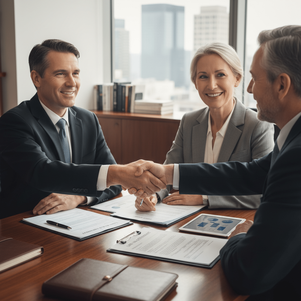 a close-up of a professional couple in their 50s shaking hands with an advisor across a polished conference table with estate planning documents visible — life insurance estate planning