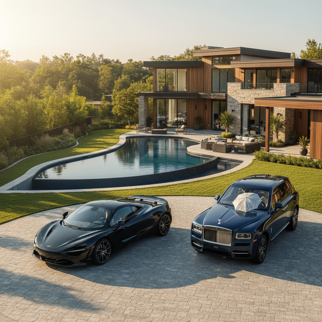 a modern family home with a swimming pool and luxury car in the driveway illustrating high-net-worth property exposure — umbrella insurance