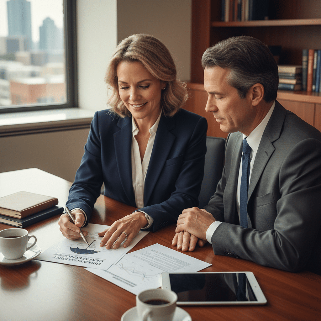 a financial advisor reviewing a risk assessment document with a high-net-worth couple across a conference table — umbrella insurance