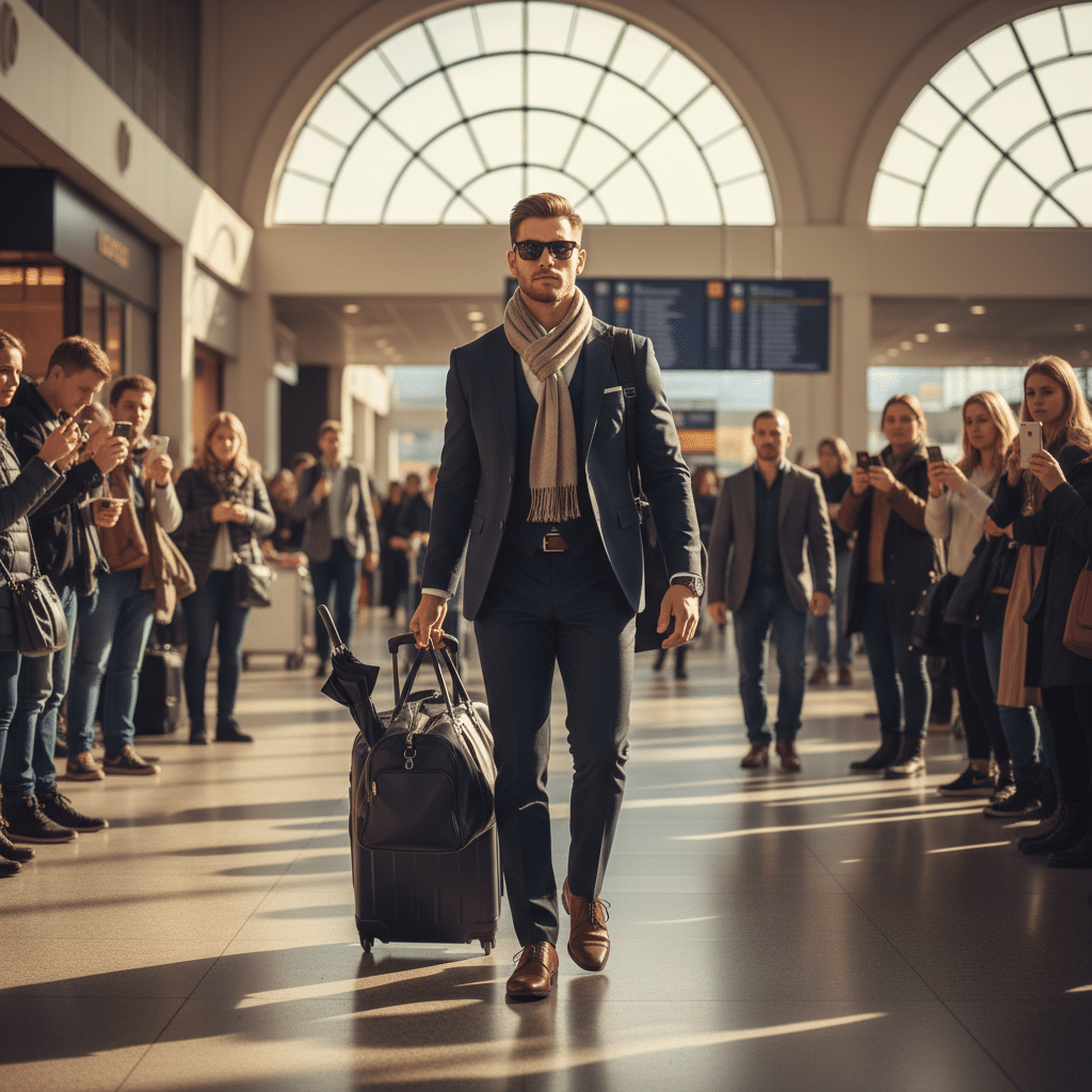a professional athlete walking through an airport terminal with luggage representing the travel and public exposure risks of high-profile individuals — umbrella insurance