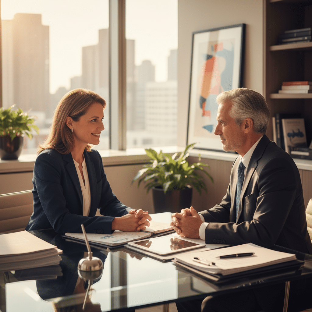 a professional advisor and high-net-worth client having a one-on-one conversation in a modern private office with a glass desk and financial documents — wealth management