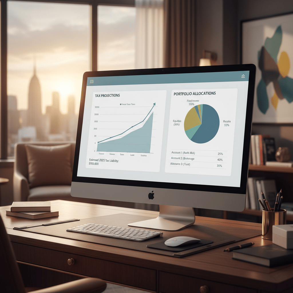 a detailed financial planning dashboard on a large monitor showing tax projections and multi-account portfolio allocations in a wealth advisory office — wealth management