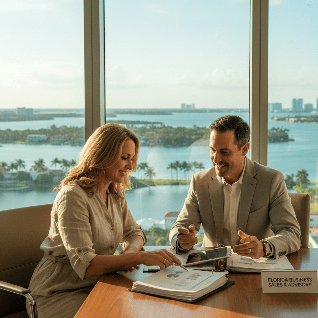 a Florida business owner reviewing financial documents with an advisor in a modern office overlooking a waterfront view — selling business florida