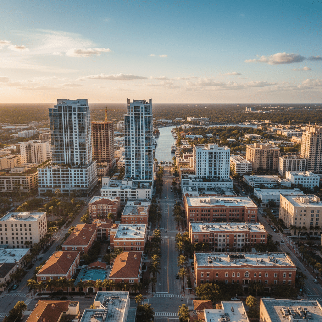 an aerial view of a Florida downtown area with a mix of new construction and established buildings representing an Opportunity Zone — selling business florida