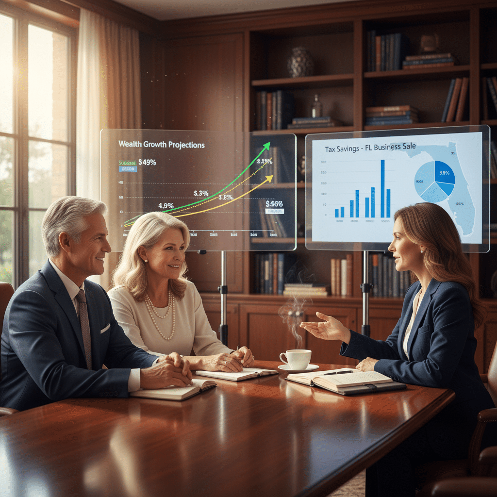 a high-net-worth couple sitting with their financial advisor at a conference table with charts showing wealth growth projections and tax savings — selling business florida