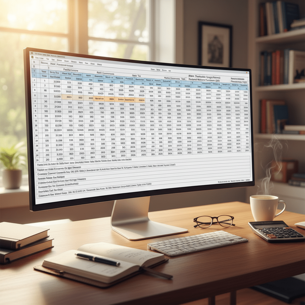 a detailed spreadsheet on a large monitor showing tax bracket projections and IRMAA threshold calculations for a retirement plan — high-net-worth retirement