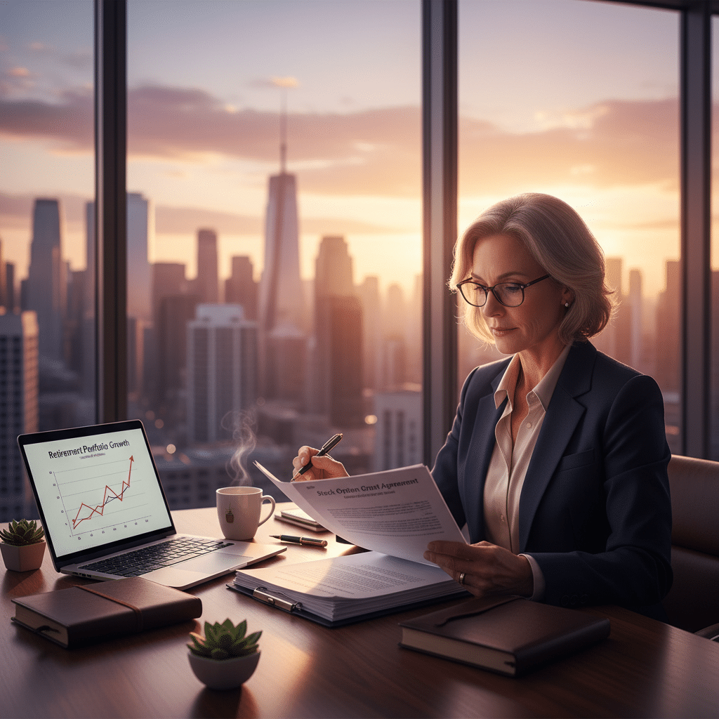 a business executive reviewing stock option documents at a desk with city skyline visible through floor-to-ceiling windows — high-net-worth retirement