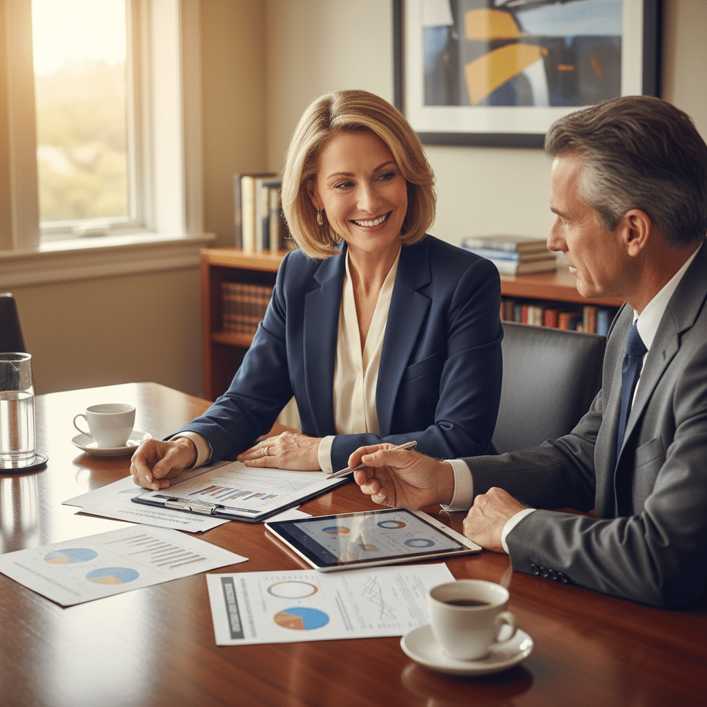 a professional woman in her 50s reviewing financial documents with an advisor across a conference table with charts and retirement account statements visible — divorce financial planning