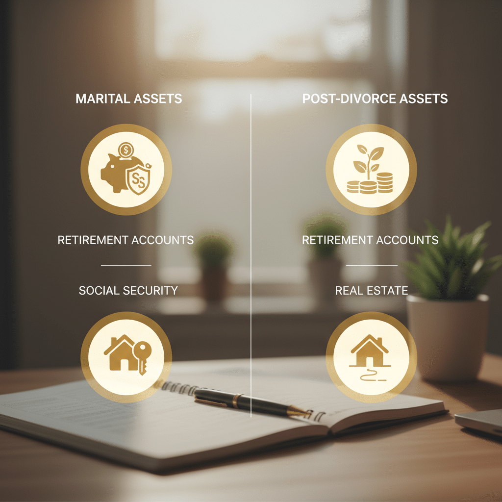 a split-screen graphic showing two columns labeled marital assets and post-divorce assets with retirement accounts Social Security and real estate icons — divorce financial planning