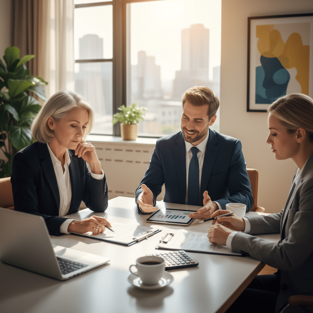 a mature professional reviewing a QDRO document with a financial advisor and an attorney in a modern office setting — divorce financial planning