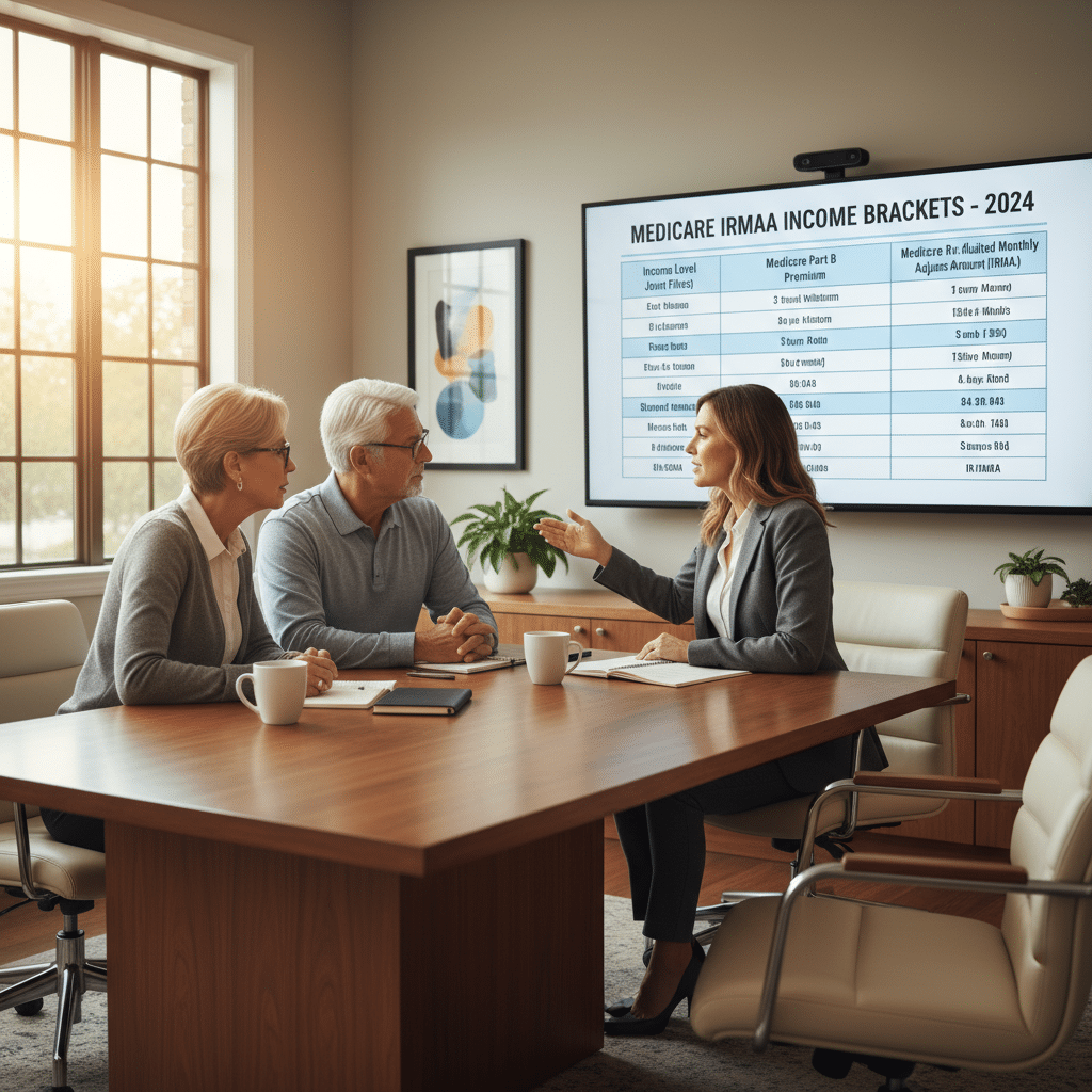 a financial advisor reviewing Medicare IRMAA income brackets on a screen with a retired executive couple in a modern office — medicare irmaa surcharges