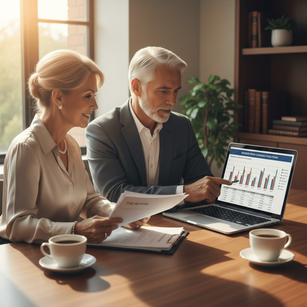 a high-net-worth retiree couple meeting with a financial planner while reviewing tax documents and a laptop showing income projections — medicare irmaa surcharges