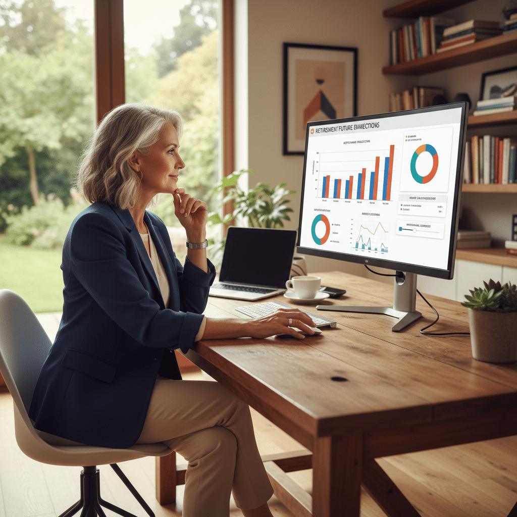 a confident professional in their 50s reviewing retirement projections on a large desktop monitor in a modern home office — retirement planning tools