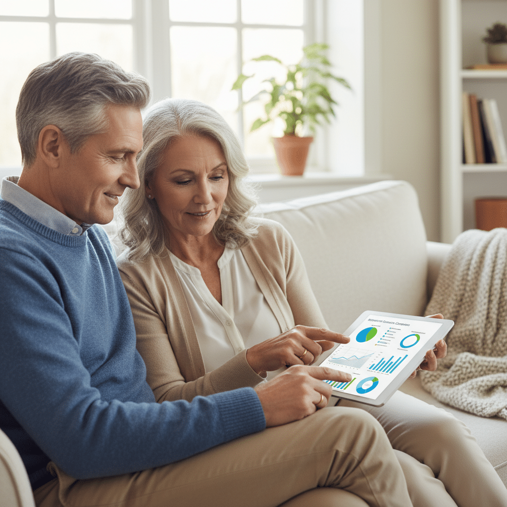 a couple in their early 60s sitting together on a couch with a tablet comparing different retirement scenarios with charts and graphs on screen — retirement planning tools