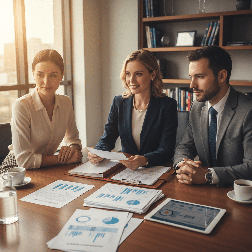 a financial advisor sitting across a conference table from a well-dressed couple reviewing estate planning documents and a multi-page financial plan — retirement planning tools