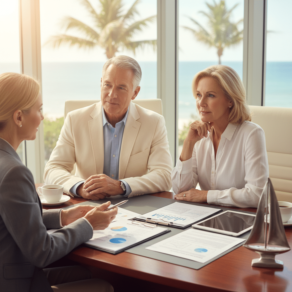 an affluent couple in their sixties meeting with a financial advisor in a bright Florida office discussing retirement income planning documents — asset management income