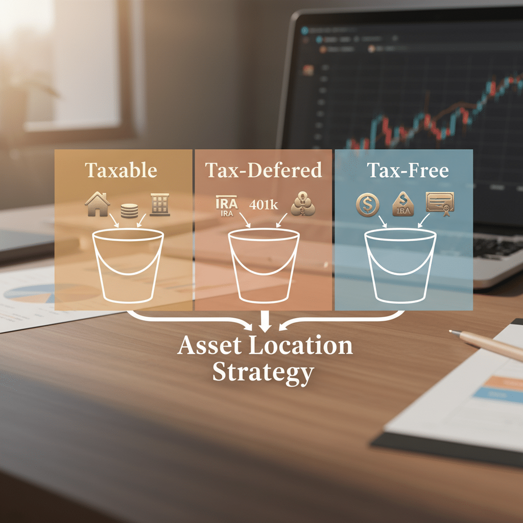 a side-by-side comparison graphic showing three different account buckets labeled Taxable and Tax-Deferred and Tax-Free with investment icons flowing into each one — asset location strategy