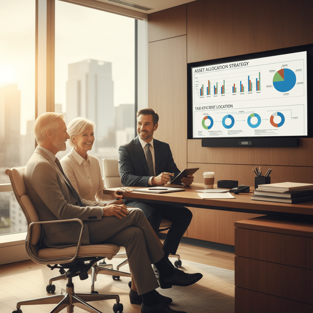 an affluent couple in their sixties sitting with a financial advisor in a modern office reviewing a multi-account portfolio summary on a large monitor — asset location strategy